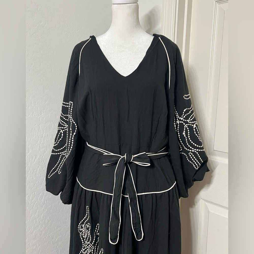 NEW CIEBON Eliza Embroidered A-Line Dress Black 3/4 Sleeve L - Picture 8 of 13